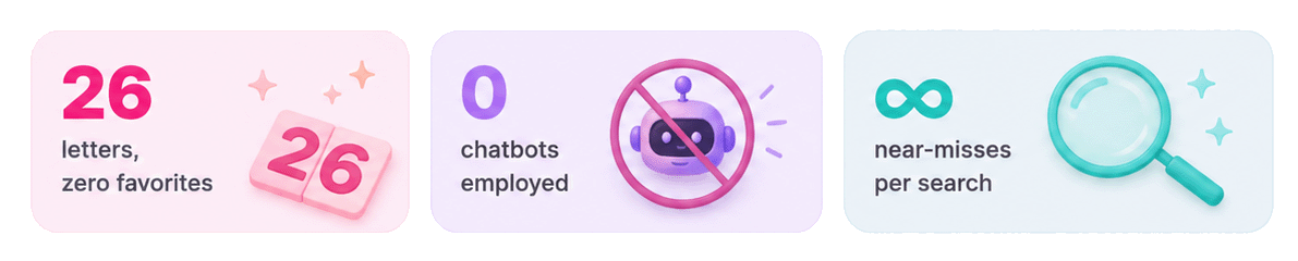 26 letters, zero favorites. 0 chatbots employed. Infinite near-misses per search.